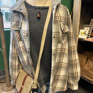 NWT Boutique Plaid Long Sleeve Fur Hooded Jacket - Grey